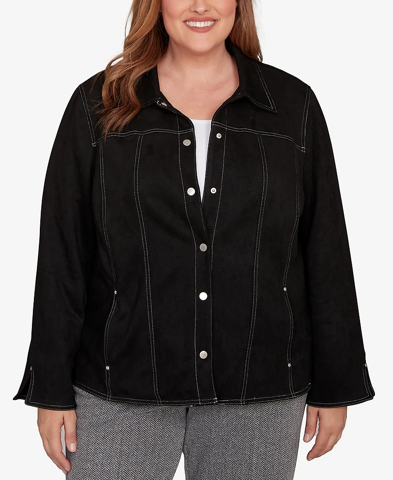 Alfred Dunner Plus Jet Setter Print Lining Faux Suede Jacket