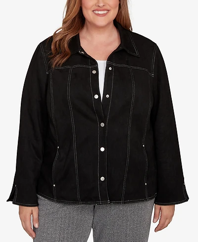 Alfred Dunner Plus Jet Setter Print Lining Faux Suede Jacket