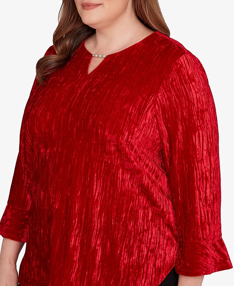 Alfred Dunner Plus Jet Setter Crushed Velvet Henley Tie Sleeve Top