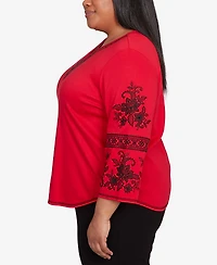 Alfred Dunner Plus Jet Setter Knit Embroidered Sleeve Beaded Split Neck Top
