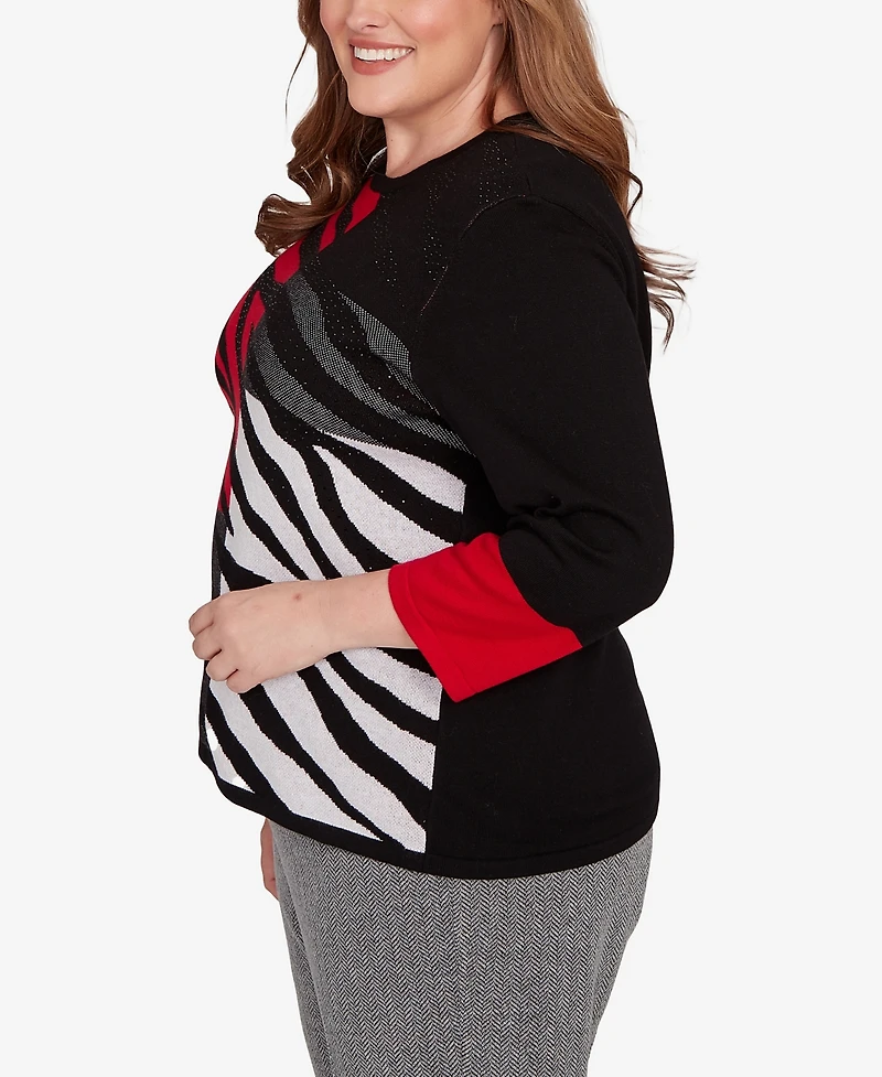 Alfred Dunner Plus Jet Setter Zebra Colorblock Long sleeve Sweater