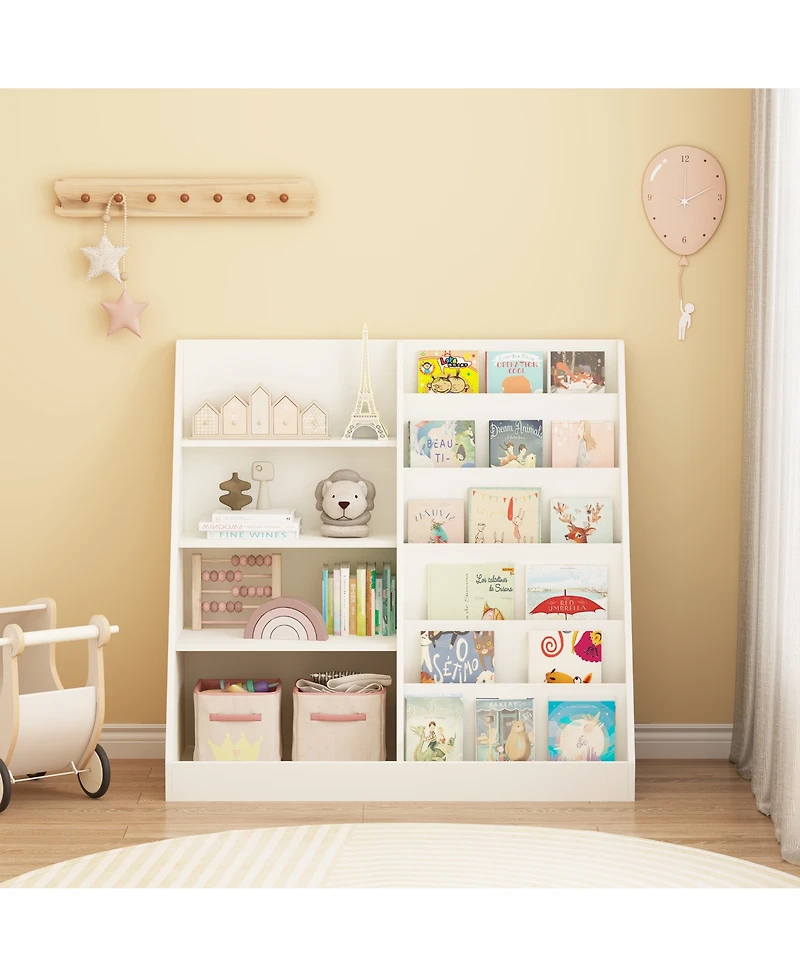 Jujabu 35 in. Wide Multifunctional 4 Tier Wooden White Kids Bookshelf and Toy Storage Organizer with Bookcase Display Stand