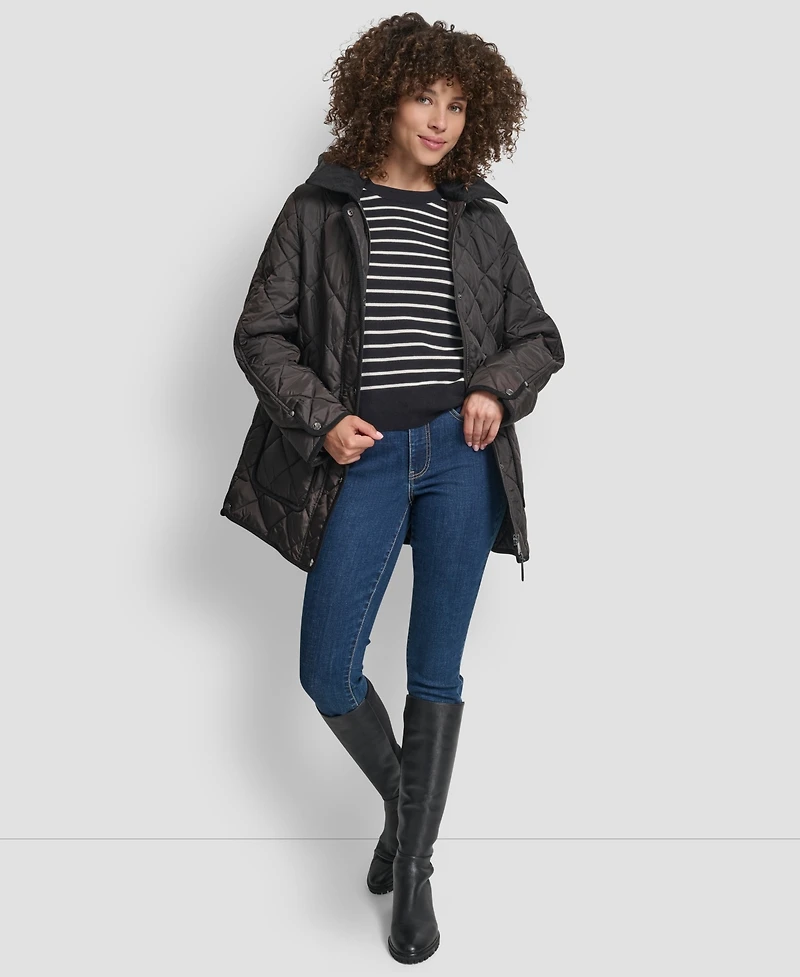 Dkny Women's Corduroy Collar Hooded Quilted Coat