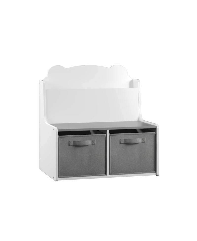 Jujabu Kids White and Gray Wooden Bookshelf with Book Display Shelf and 2 Fabric Bins, Cute Bear-Shaped Backboard