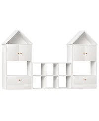 Jujabu White Wood Children's Bookshelf with House-Shaped Design with Adjustable Placement for Playroom or Bedroom