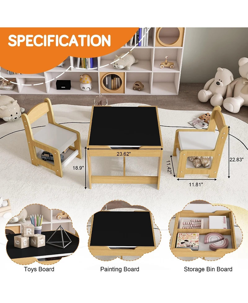 Jujabu Natural Wood 3-in-1 Kids Study Table and Chairs Set with Detachable Blackboard Top for Drawing