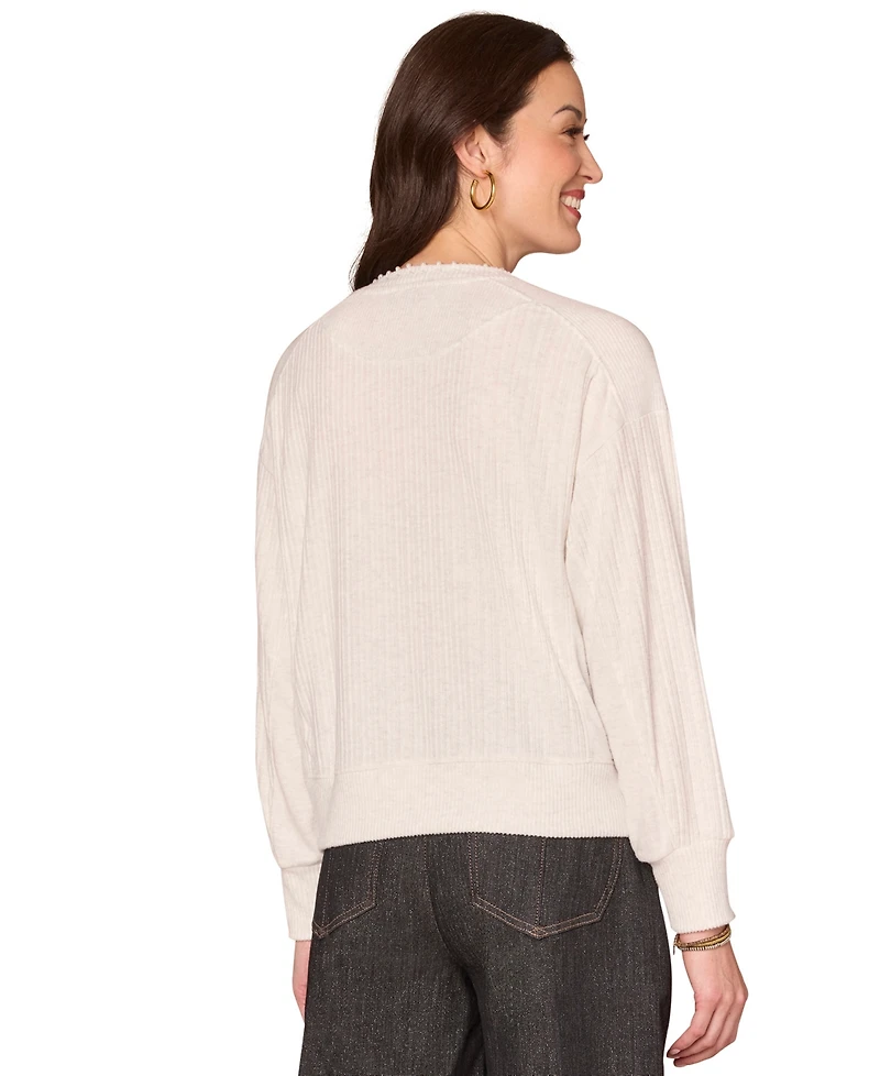 Democracy Petite Long Sleeve Mixed-Media Scoop Neck Top