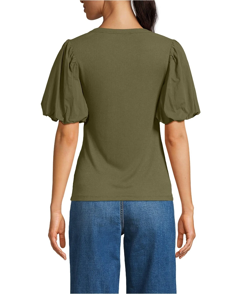 Lands' End Women's Drapey Rib Puff Sleeve Scoop Neck Top