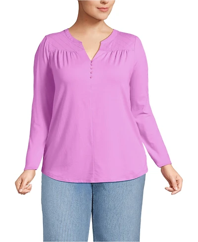 Lands' End Women's Plus Long Sleeve Lightweight Jersey Notch Neck Tunic Top