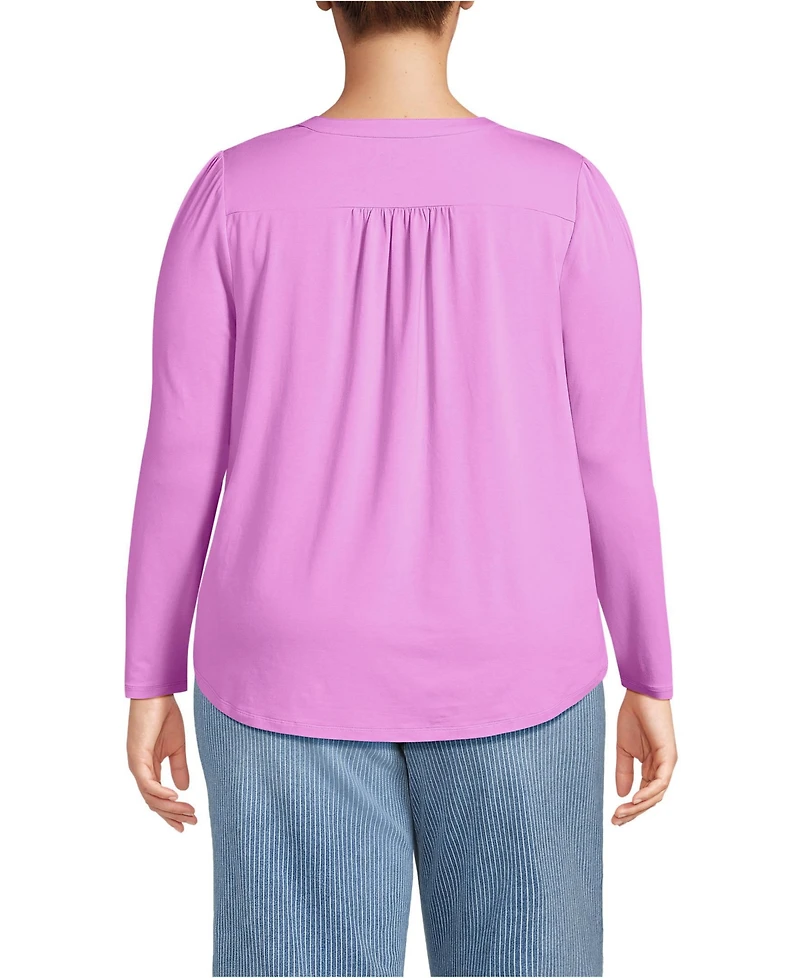 Lands' End Women's Plus Long Sleeve Lightweight Jersey Notch Neck Tunic Top
