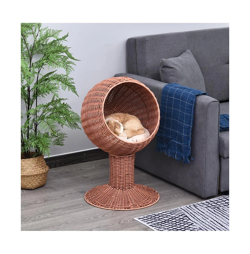 Zeus & Ruta Rattan Egg Chair Cat Bed with Cushion in Brown