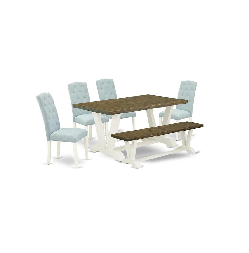 East West Furniture V076CE215-6 6-Piece Dining Room Set- 4 Kitchen Parson Chairs with Baby Blue Linen Fabric Seat and Button Tufted Chair Back