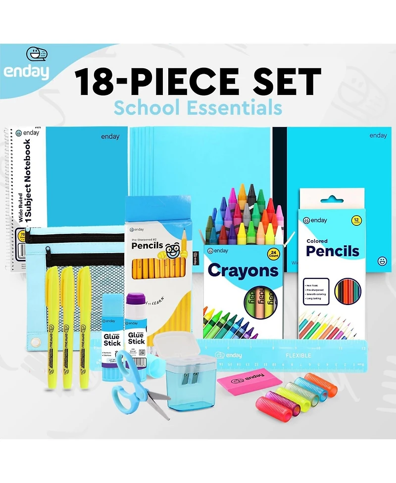 Enday School Supplies Kit for Grades K–5 – 71 Items: Composition Notebook Subject Notebook, Pencils, Folders Colored Crayons, Scissors, Glue