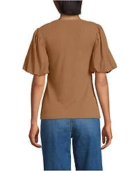 Lands' End Women's Petite Drapey Rib Puff Sleeve Scoop Neck Top