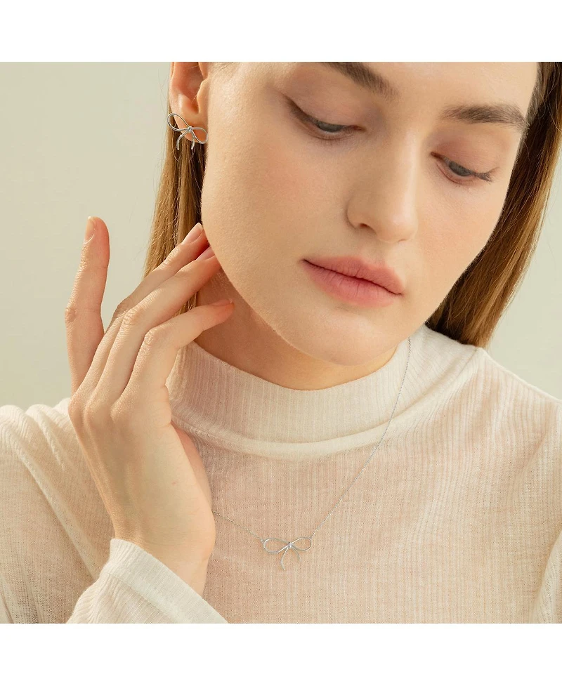 Sterling Silver 18k Gold Plated Colette Chic Bow Necklace & Stud Earrings Set