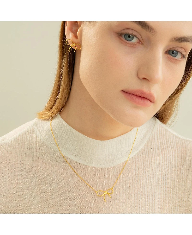 Sterling Silver 18k Gold Plated Colette Chic Bow Necklace & Stud Earrings Set