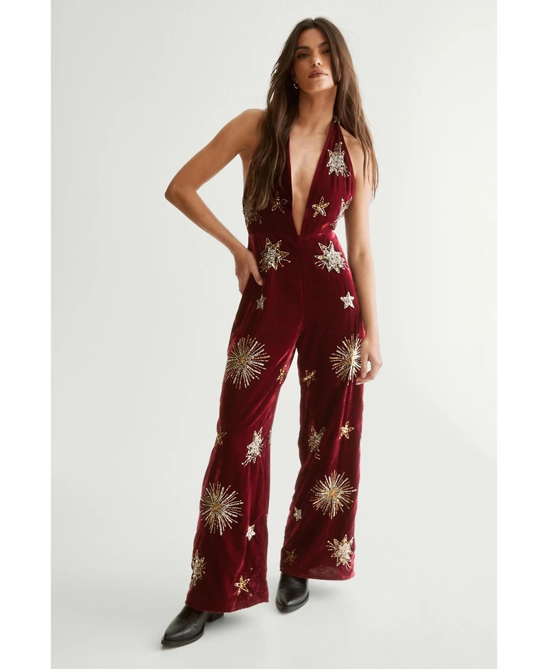 Nasty Gal Women's Star Embellished Velvet Halter Jumpsuit