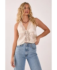 Nasty Gal Women's Satin Embroidered Lace Button Front Vest