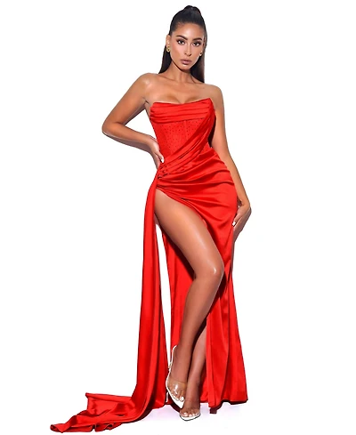 Miss Circle Women Holly Crystallized Corset High Slit Satin Gown