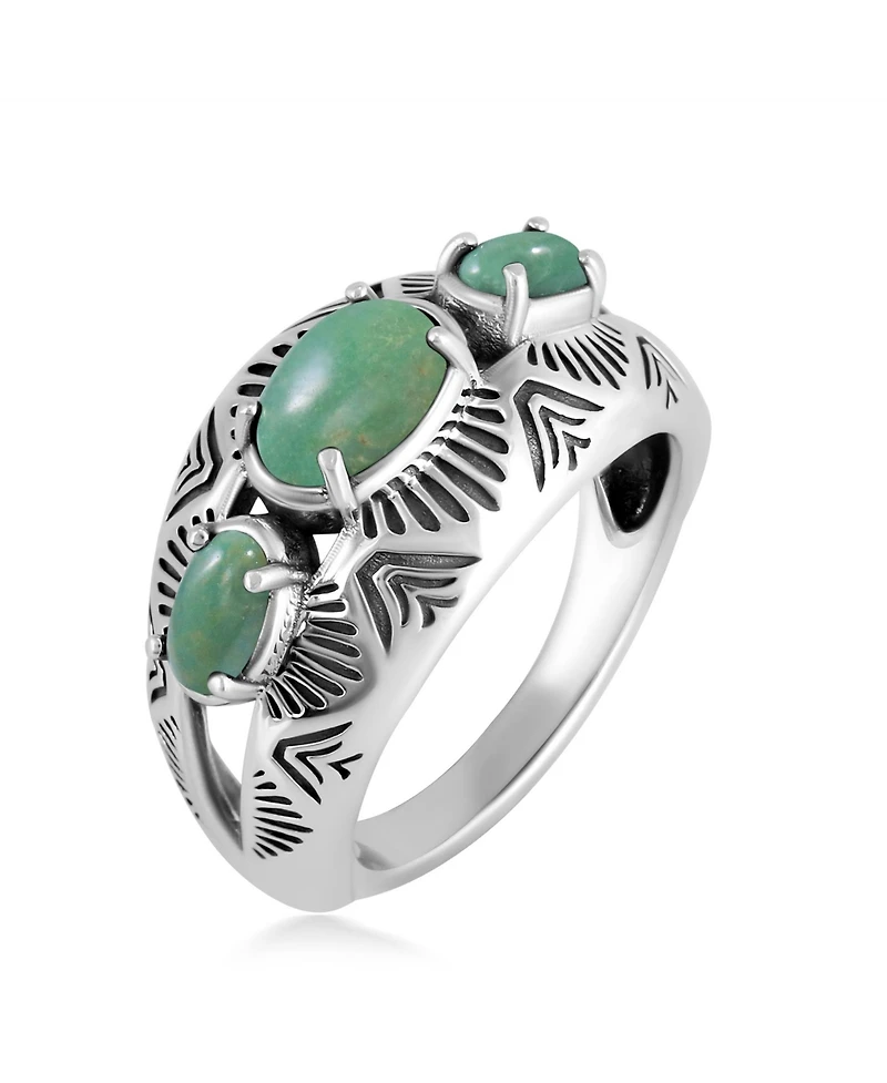 American West Jewelry Sterling Silver Green Turquoise 3-Stone Oval Band Ring