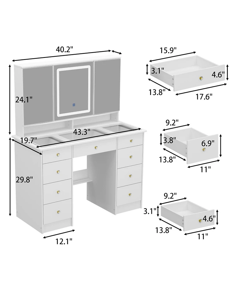 Homsee Glass Top 9-Drawers and 3-Mirrors Makeup Vanity Desk ,Dressing Table , Hidden Storage Shelves, Led Lighted
