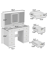Homsee Glass Top 9-Drawers and 3-Mirrors Makeup Vanity Desk ,Dressing Table , Hidden Storage Shelves, Led Lighted