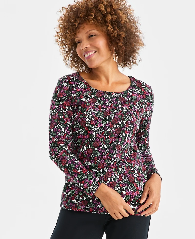 Style & Co Women's Printed Long-Sleeve Scoop-Neck Knit Top, Macy's Exclusive