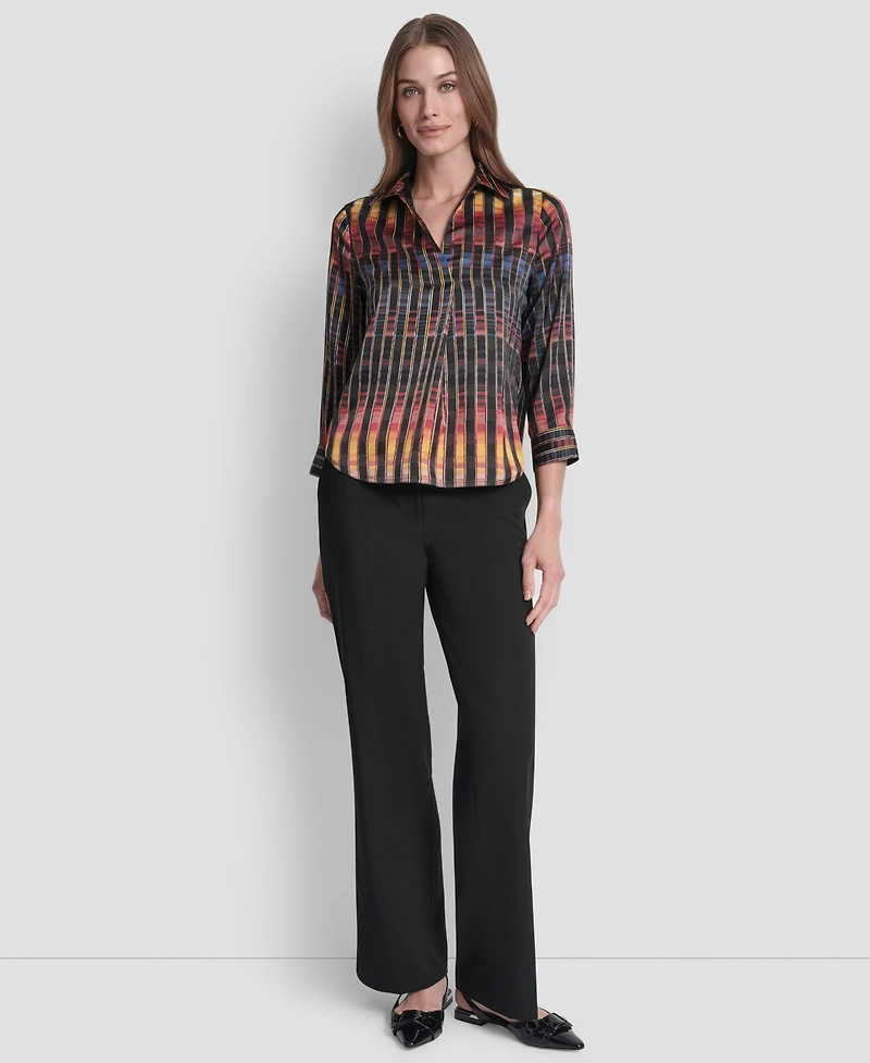 Dkny Women's Printed Satin Long Sleeve V-Neck Blouse