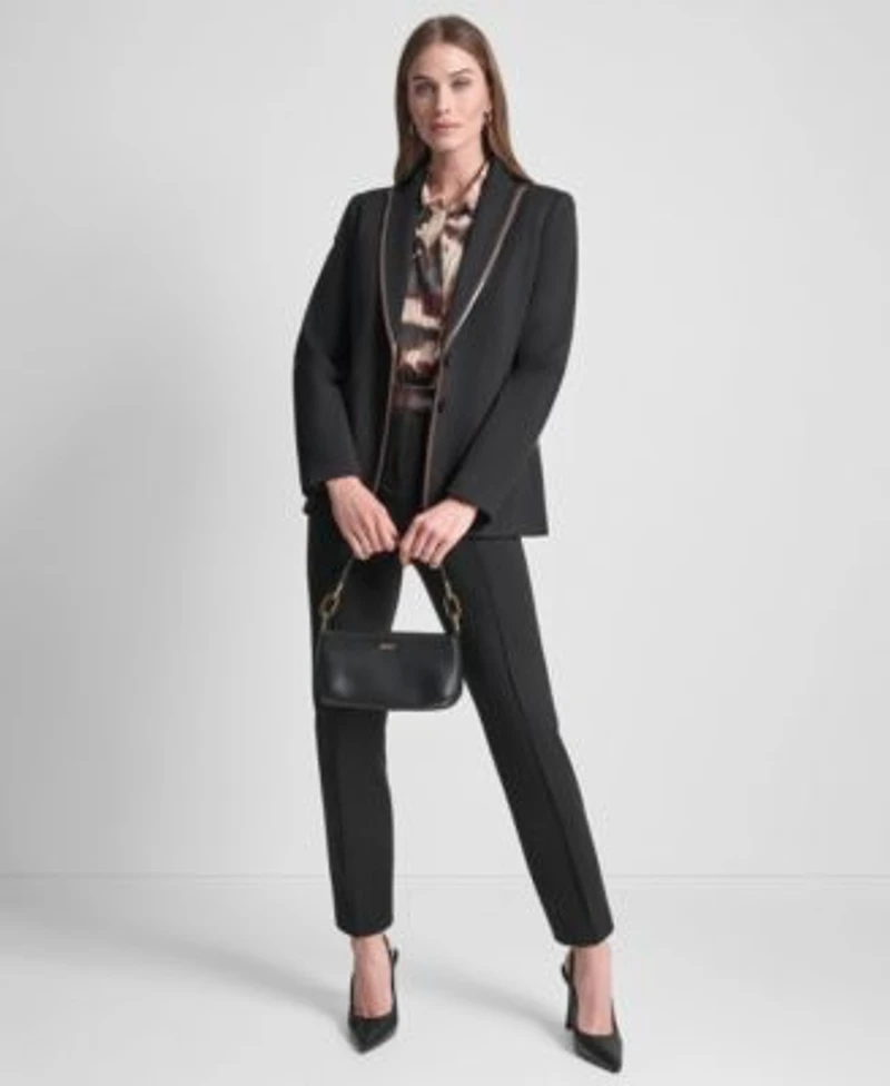 Dkny Womens Two Button Ponte Jacket Covered Placket Long Balloon Sleeve Woven Blouse Straight Pintuck Mid Rise Trousers