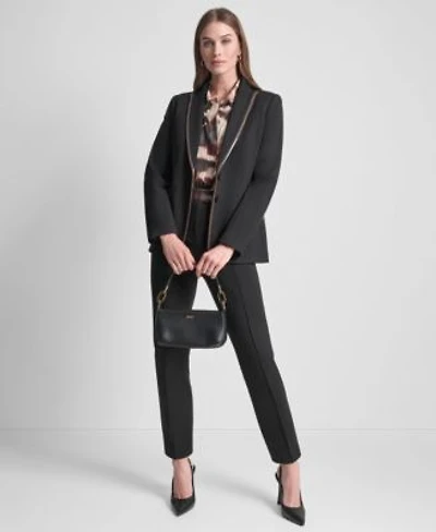 Dkny Womens Two Button Ponte Jacket Covered Placket Long Balloon Sleeve Woven Blouse Straight Pintuck Mid Rise Trousers
