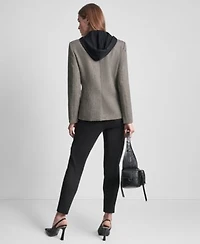 Dkny Womens Herringbone Pattern Blazer With Fleece Hoodie Double Pleated Ponte Mid Rise Ankle Pants