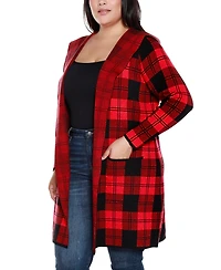 Belldini Plus Hooded Checkered Plaid Cardigan Sweater