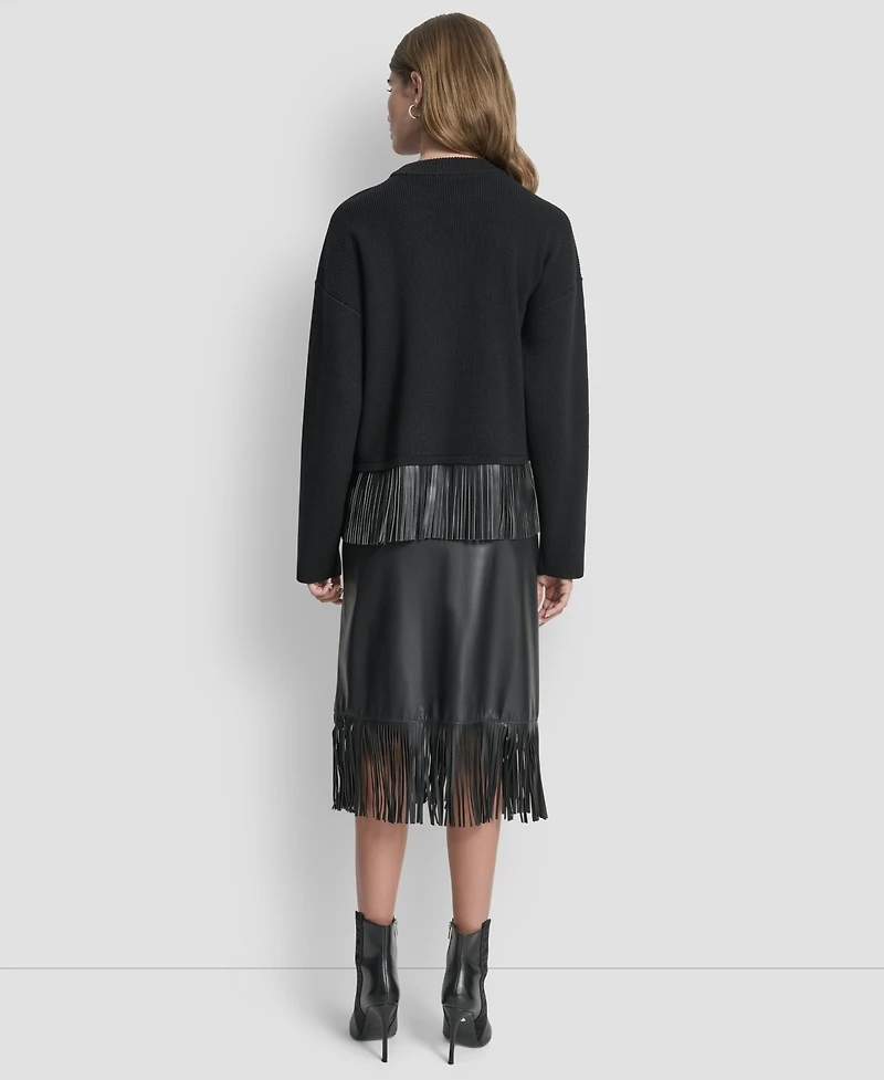 Dkny Women's Long Sleeve Fringe Hem Sweater