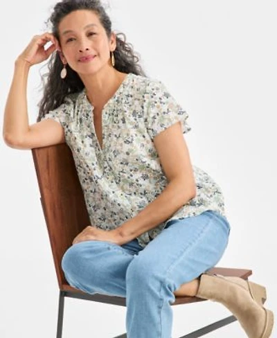 Style Co Womens Printed Flutter Sleeve Top Macys Exclusive