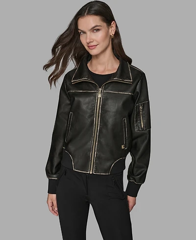 Karl Lagerfeld Paris Women's Knit-Trim Faux-Leather Jacket