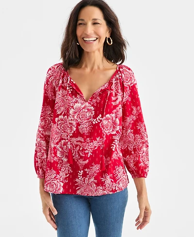 Style & Co Women's Printed 3/4 Sleeve Split Neck Top, Macy's Exclusive