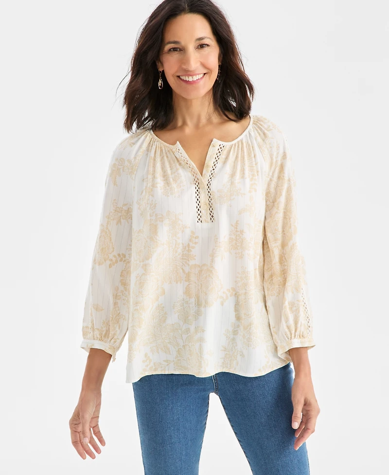 Style & Co Women's Printed Split Neck Peasant Top, Macy's Exclusive