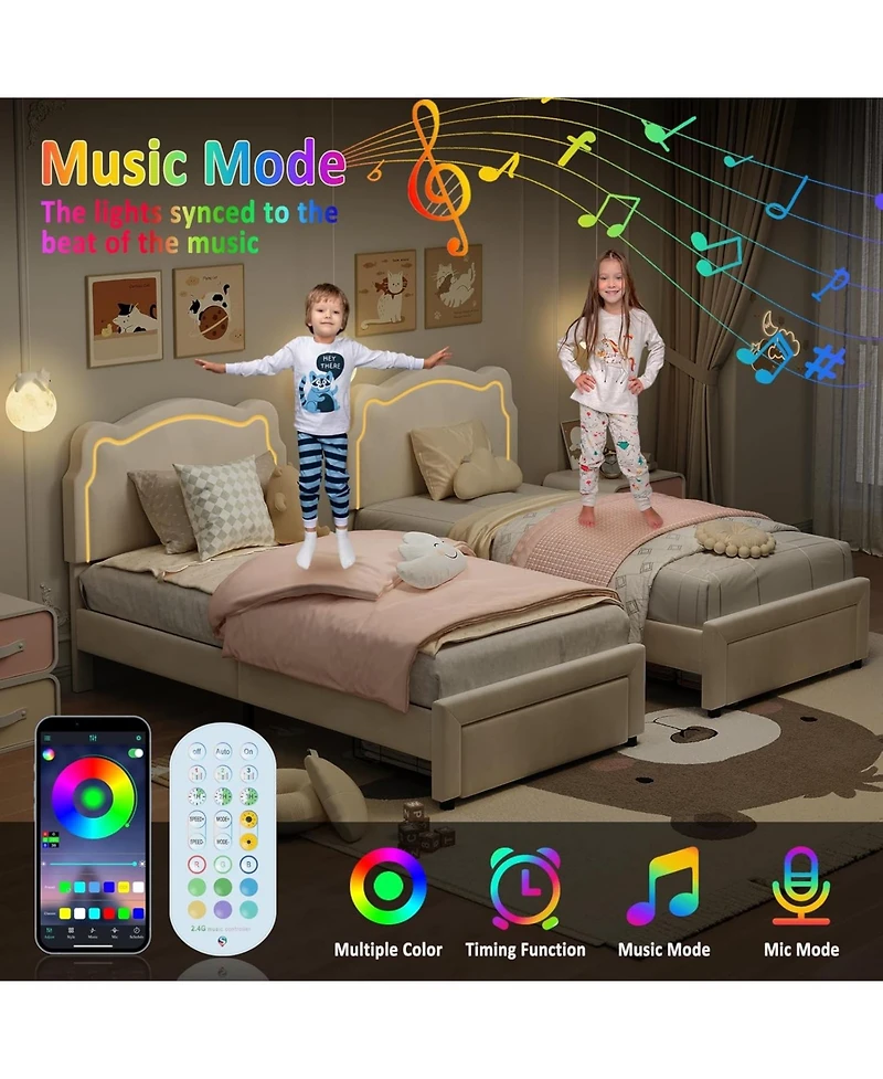 Gaomon Twin Upholstered Bed Frame with Storage Drawer & Smart Led, Velvet Platform Bed with Adjustable Headboard, No Box Spring Needed