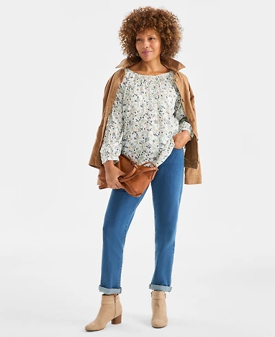 Style & Co Women's Printed Split Neck Peasant Top, Macy's Exclusive