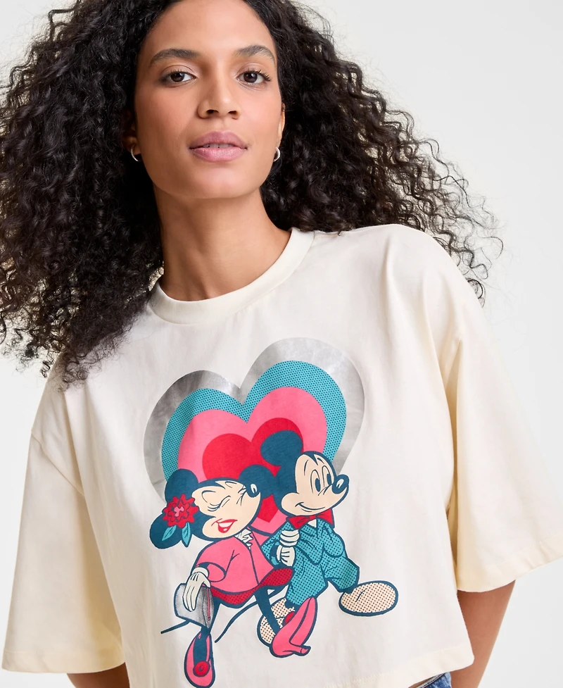 Disney | Macy's Women's Mickey Mouse & Minnie Cropped Short-Sleeve Tee, Exclusive