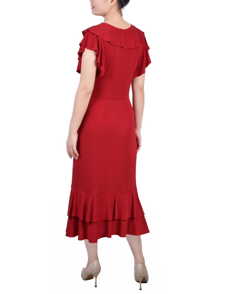 Women's Short Flutter Sleeve Ruffle Neck Dress