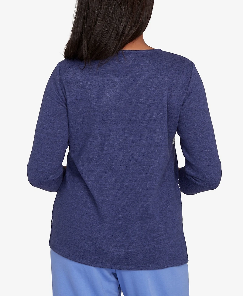 Alfred Dunner Lake Champlain Embroidered Scroll Ruched Sleeve Top