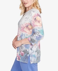 Alfred Dunner Casual Vibe Floral Brushstroke Beaded Split Neck Top