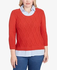 Alfred Dunner Sunset Canyon Stitched Cable Stripe Woven Trim Sweater