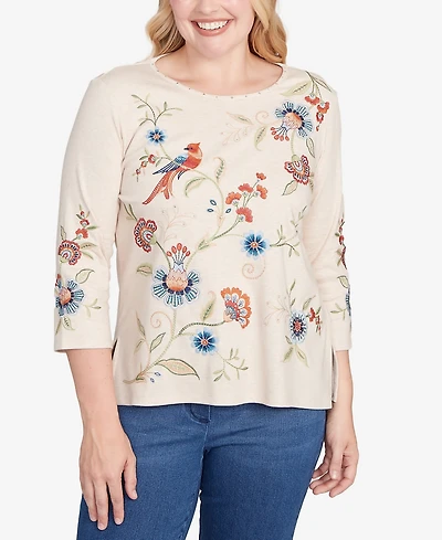 Alfred Dunner Sunset Canyon Allover Floral Embroidered Crew Neck Top
