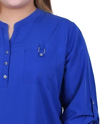 Ny Collection Plus Size 3/4 Tabbed Sleeve Y Neck Top