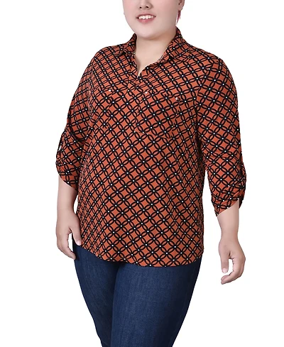 Ny Collection Plus 3/4 Roll Tab Sleeve Studded Y Neck Top
