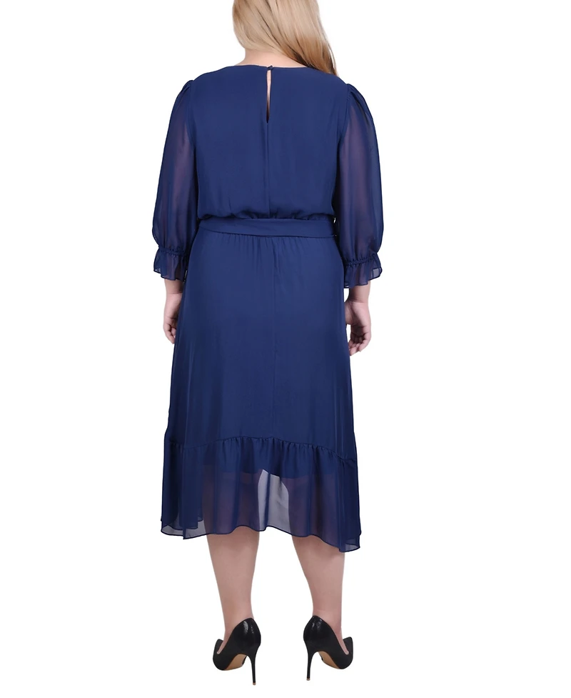 Ny Collection Plus 3/4 Sleeve V-Neck Flounced Dress