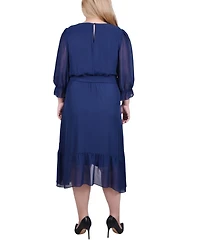 Ny Collection Plus 3/4 Sleeve V-Neck Flounced Dress