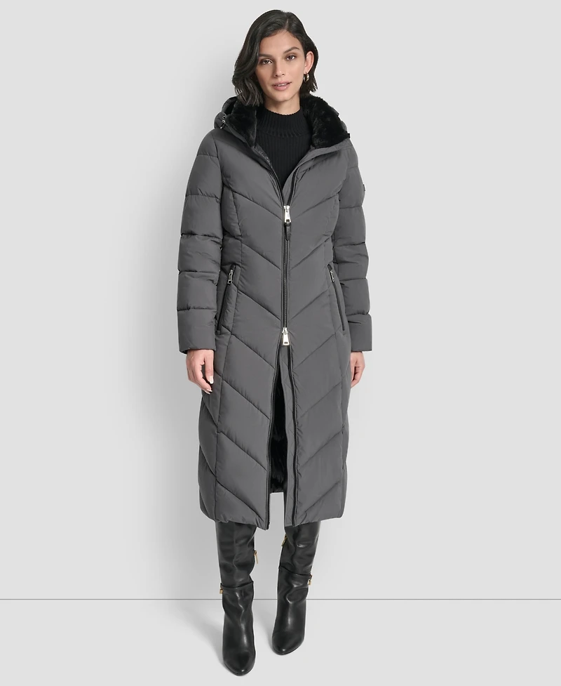 Dkny Women's Hooded Zip Front A-Line Maxi Puffer Coat
